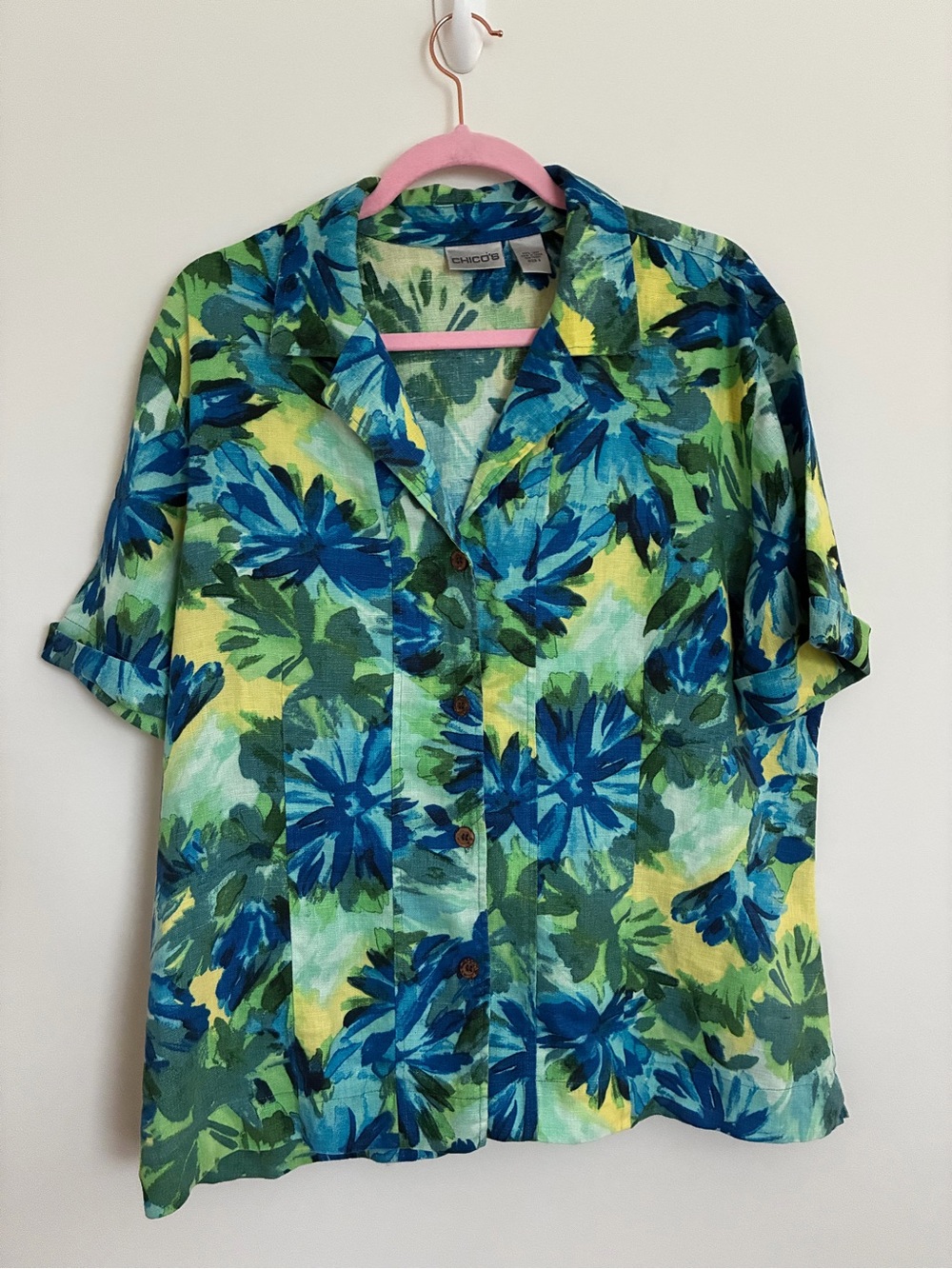 Chico's Blue & Green Floral Button-Front Linen Shirt size xl